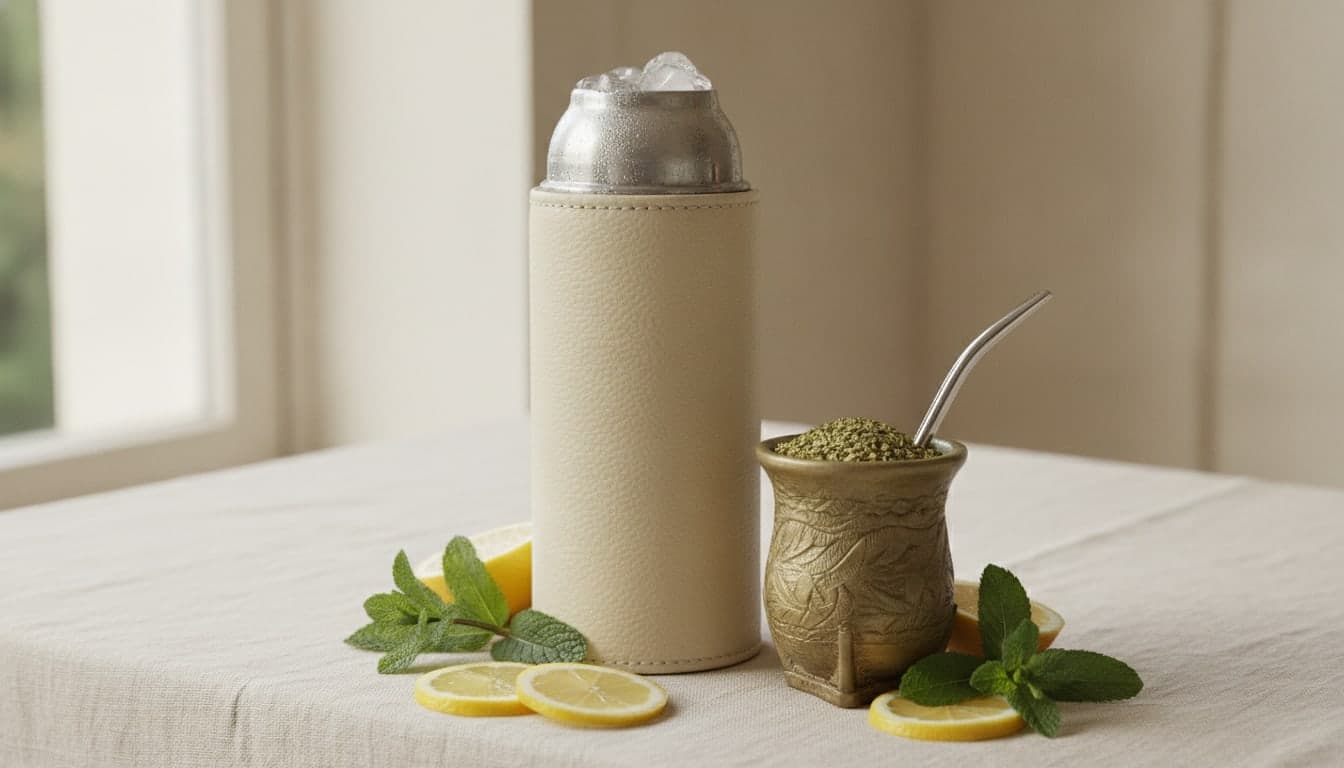 Termo, guampa con yerba y bombilla, menta y limón sobre lino